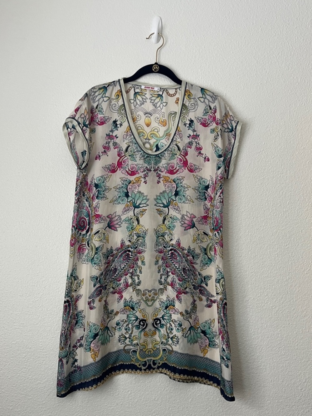 Johnny Was Silk Tunic Top Boho Floral Print Short Sleeve Size S